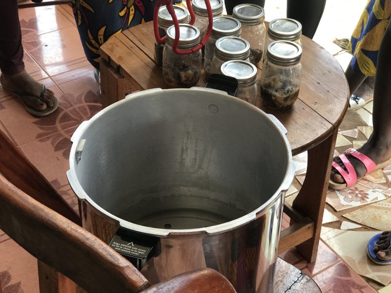 Jars of canned fish coming out of the canner