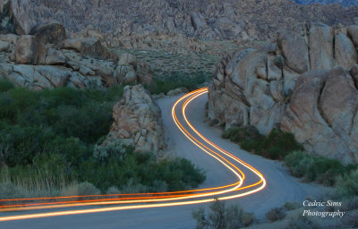  	Car light Streaks & Lone Pine Peak & Mt Whitney 