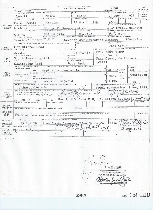 Lowell Mason Knapp<br>certificate of death