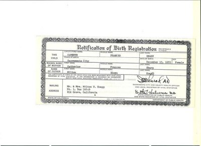 birth record Cathryn Frances Knapp