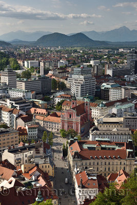 Ljubljana capital city of Slovenia with the Karawanks, Kamnik Savinja limestone Alps and Franciscan Church at Preseren Square fr