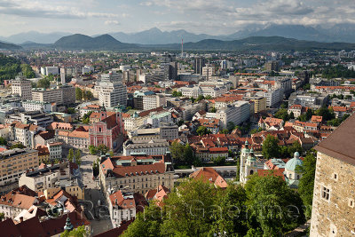 Old Ljubljana capital city of Slovenia with the Karawanks, Mount Saint Mary, and Kamnik Savinja limestone Alps from the hilltop 