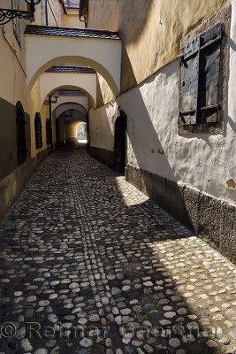 Narrow cobblestone alley Ribji trg or Fish square from Cankar Quay to Town Square in old town section of Ljubljana Slovenia