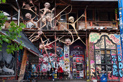 Graffiti and sculptures at Metelkova City Autonomous Cultural Center squat at former Yugoslav National Army military barracks in