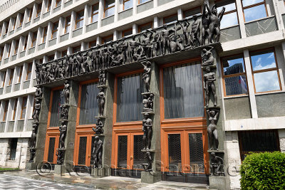 Entrance to the National Assembly Building of Slovenia Slovenian Parliament in Ljubljana with sculptures of naked working people
