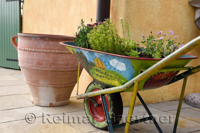 Colorfully painted wheelbarrow with flowers on outdoor courtyard of Guest House Kabaj Morel winery Slovrenc Dobrovo Brda Sloveni