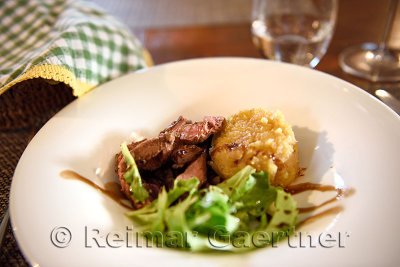 Light lunch of beef served at a wine tasting at Kabaj Morel Guest House winery in Slovrenc Dobrovo Brda Slovenia