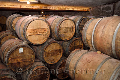 Constant temperature arched cellar with French barrique oak barrels at Kabaj Morel Guest House and winery Slovrenc Dobrovo Brda 
