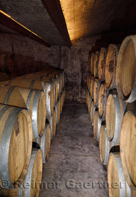 Constant humidity and temperature arched cellar with French barrique oak barrels at Kabaj winery Slovrenc Dobrovo Brda Slovenia