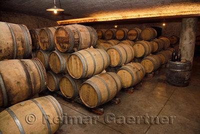 Constant humidity temperature underground arched cellar with French barrique oak barrels at Kabaj Morel winery Slovrenc Dobrovo 