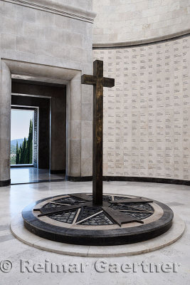 Central cross with names of the interred at the war memorial for the fallen of World War I at Oslavia Italy