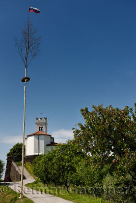 Maypole with Slovenian flag and wreath at Saint Vitus Catholic church and cherry trees in Vedrijan Brda Slovenia