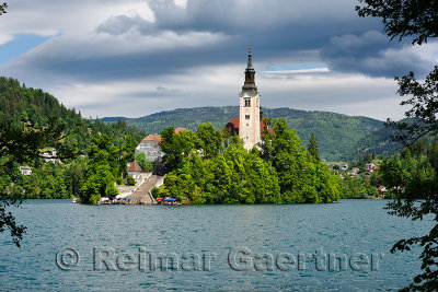 Bled Island in Spring with stairs to Catholic pilgrimage church of the Assumption of Mary with Pletna boats in turquoise Lake Bl