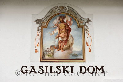 Frescoe painting of St Florian patron saint of firefighters on stucco wall of the Fire Station in Mlino or Mill village at Bled 