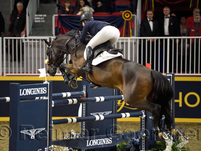 Elizabeth Madden USA riding Breitling LS in the Longines FEI World Cup Show Jumping competition jump off at the Royal Horse Show