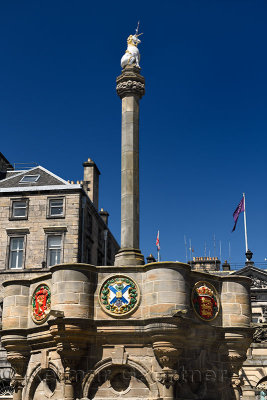 Mercat Cross with Royal Unicorn in Old Town of Edinburgh in Parliament Square on Royal Mile Scotland United Kingdom