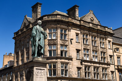 Bronze statue of William Pitt the Younger a British Prime Minister on George and Frederick streets Edinburgh Scotland with histo