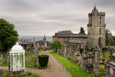 Church of the Holy Rude with Bell tower and Royal Cemetery with historic gravestones and memorials on Castle Hill above Stirling