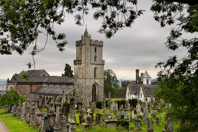 Church of the Holy Rude with Bell tower and Royal Cemetery with historic gravestones Cowanes Hospital and Town Jail in Stirling