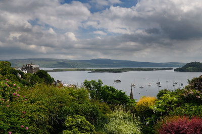 Hilltop garden view of Tobermory harbour Isle of Mull with Calve Island in the Sound of Mull Scotland UK
