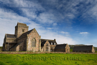 Restoration work at Iona Abbey monastery founded by St Columba bringing christianity to Scotland on Isle of Iona Inner Hebrides 