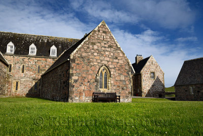Renovated medieval Michael Chapel at Iona Abbey monastery birthplace of christianity in Scotland on Isle of Iona Inner Hebrides