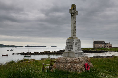 Marble Celtic cross war memorial on Martyr's Bay Sound of Iona South of Baile Mor village on Isle of Iona Inner Hebrides Scotlan