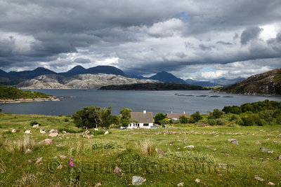 House at rocky Kenmore on Loch a Chracaich of Loch Torridon with sheep and fish farm pens Scottish Highlands Scotland UK