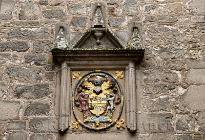 1638 stone frame for the 1672 Coat of Arms for Hugh Campbell and Henrietta Stewart and motto Be Mind Full at Cawdor Castle Scotl