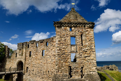 St Andrews Castle 13th Century south wall and square tower stone ruins exterier on the coast of the North Sea in Fife Scotland U