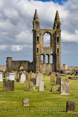 Stone ruins of the East Tower of 14th Century St Andrews Cathedral with cemetery gravestones in St Andrews Fife Scotland UK