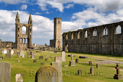 14th Century ruins of east tower and south wall of St Andrews Cathedral nave with 12th Century St Rules Tower St Andrews Fife Sc