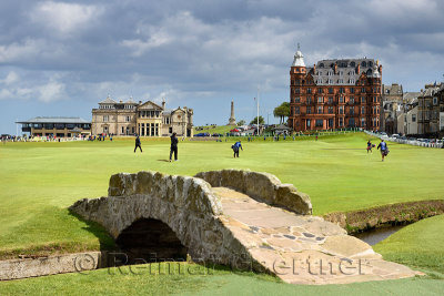 The Royal and Ancient Golf Club of St Andrews clubhouse on the 18th Hole of Old Course St Andrews Links golf course at Swilken B