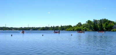 Four Dragon Boats practicing
