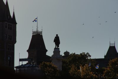 Upper town Quebec roofs and Champlain statue