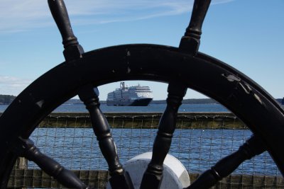 Eurodam through a ship's wheel