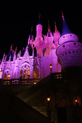 Looking up at the castle in lights