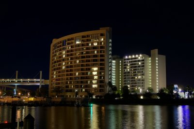 Bay Lake Tower night from boat dock