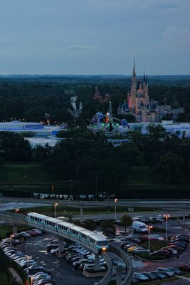 Monorail and Magic Kingdom at dusk