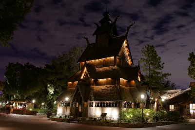 Stave church at night