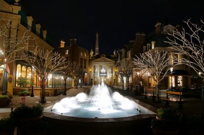 France buildings and fountain at night