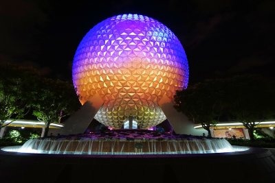 Epcots Spaceship Earth at night