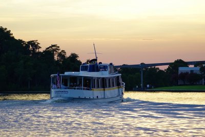 Castaways boat on Bay Lake, sunset