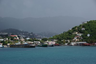 Rain over Charlotte Amalie, from Crown Bay