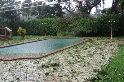 Backyard with debris early during storm