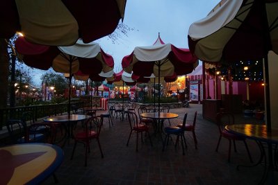 Fantasyland seating area, empty in early evening