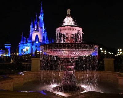Fountain and castle background at night