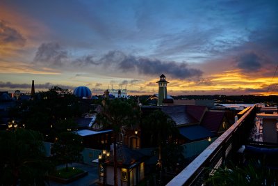 Sunset view over Disney Springs from Paddlefish