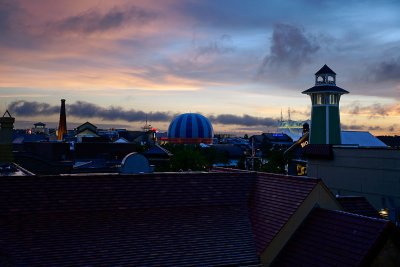 Disney Springs rooftops at dusk
