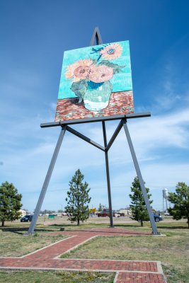 Giant Van Gogh Sunflower painting on easel, Goodland, KS